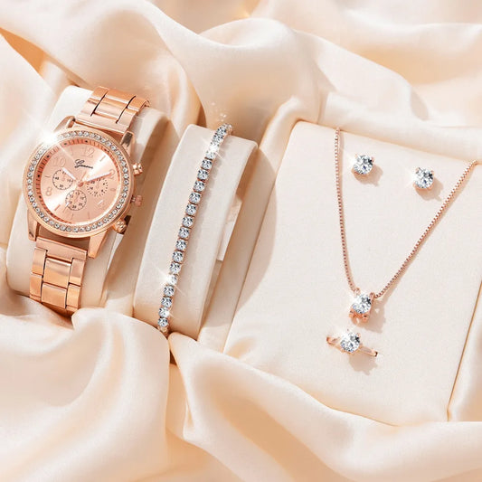 Luxury Watch Women - Ring Necklace Earrings Rhinestone